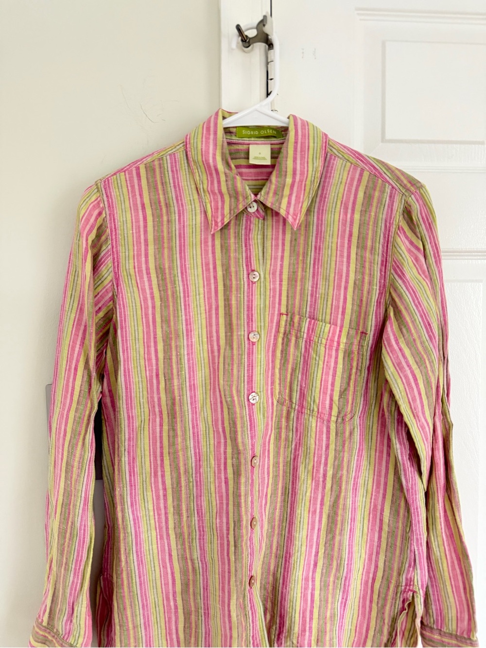 Sigrid Olsen Women 100% Linen Striped Long Sleeve Button Down Shirt Small Beach - Picture 3 of 11